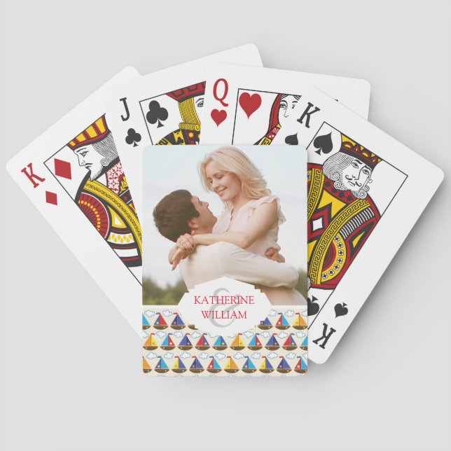 Add Your Name | Cute Sailboat Pattern Poker Cards (Back)
