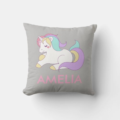 Add Your Name Cute Unicorn Personalized Throw Pillow