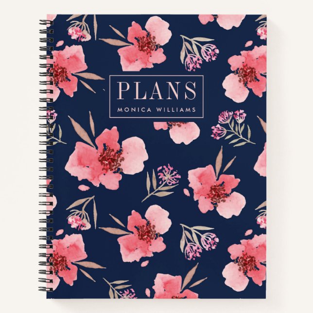 Add Your Name | Dark Pink Watercolor Pattern Notebook (Front)