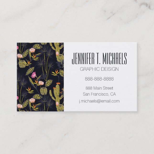 Add Your Name | Dark Summer Night Cactus Pattern Business Card (Front)