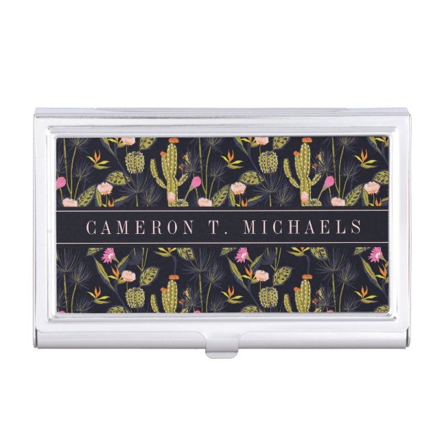 Add Your Name | Dark Summer Night Cactus Pattern Business Card Case (Front)