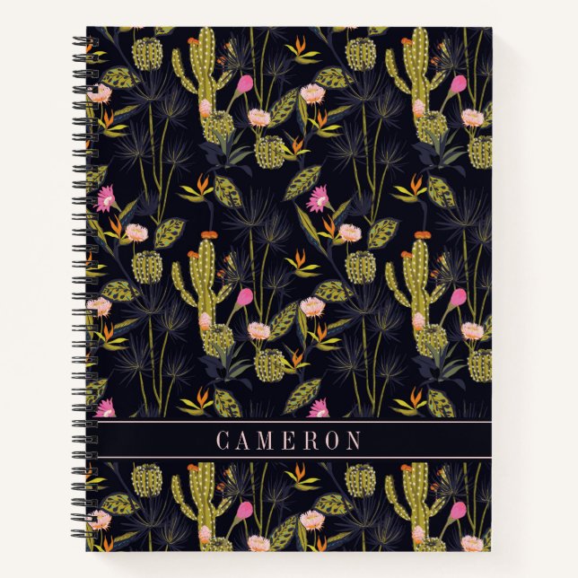 Add Your Name | Dark Summer Night Cactus Pattern Notebook (Front)
