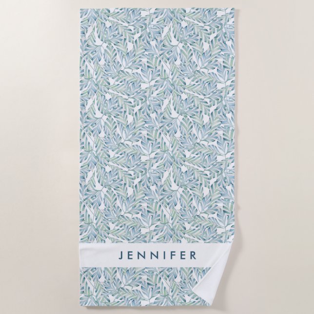 Add Your Name | Decorative Striped Leaf Pattern Beach Towel (Front)