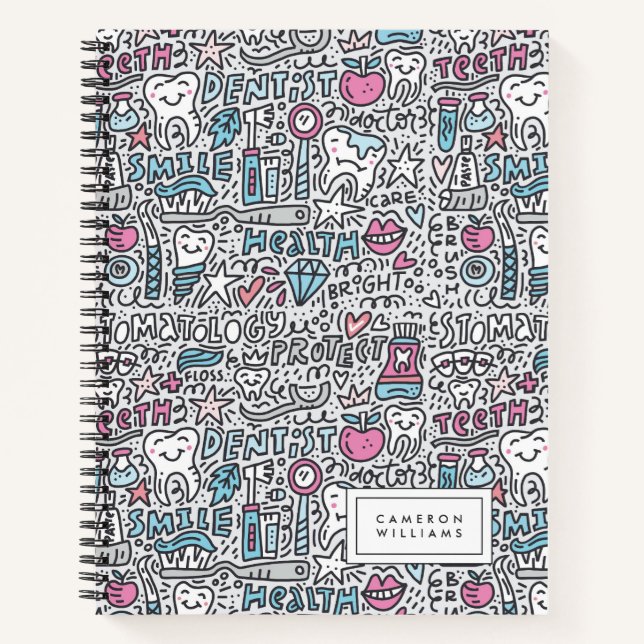 Add Your Name | Dental Cartoon Pattern Notebook (Front)