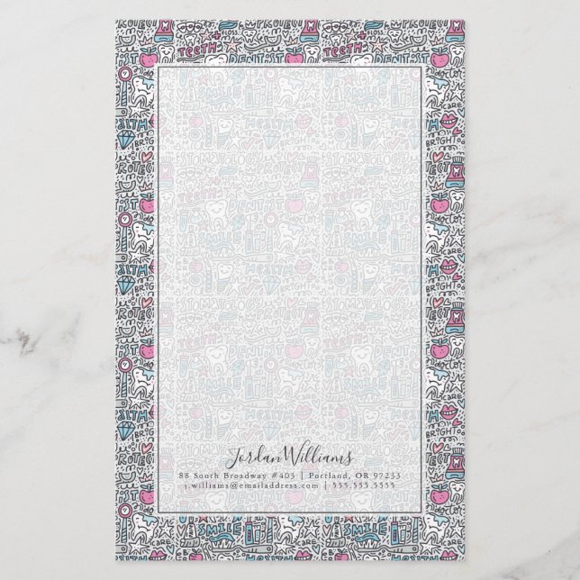 Add Your Name | Dental Cartoon Pattern Stationery (Front)