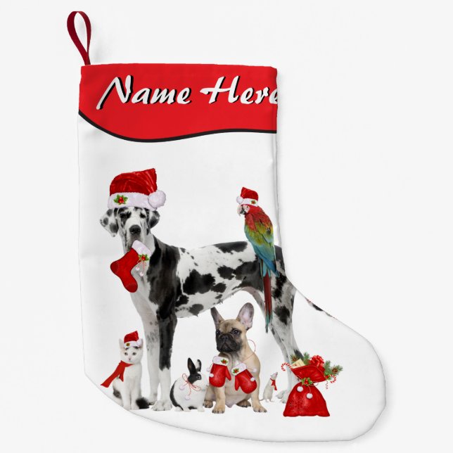 Add Your Name Double Sided Santa Pets Small Christmas Stocking (Front)