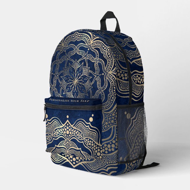     Add Your Name Elegant Gold & Navy Blue Mandala Printed Backpack (Back Corner Right)