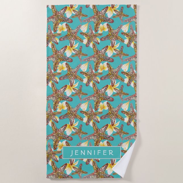 Add Your Name | Fanciful Starfish Pattern Beach Towel (Front)