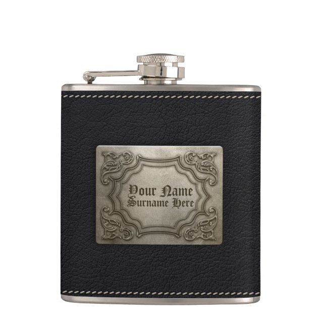 Add your name - Faux Leather & Embossed Metal Hip Flask (Front)