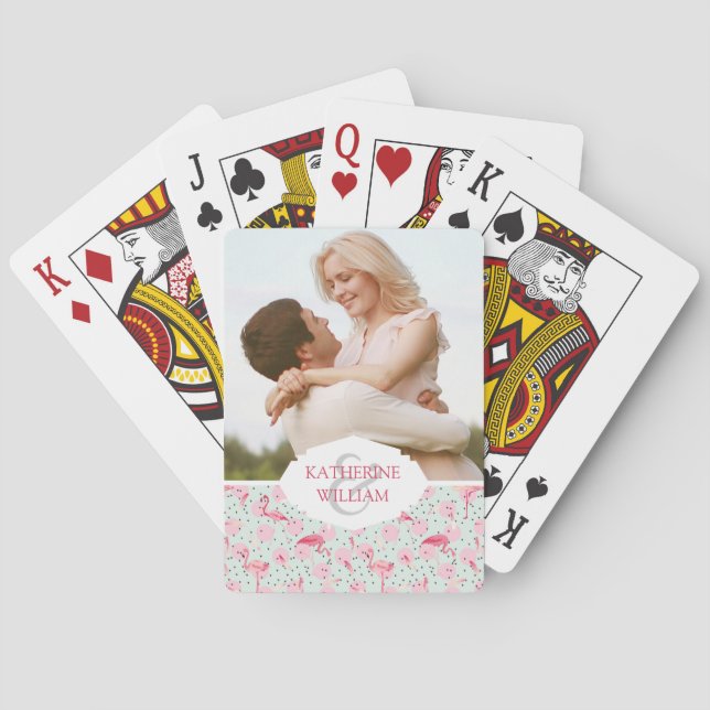 Add Your Name | Flamingo Feathers On Polka Dots Poker Cards (Back)