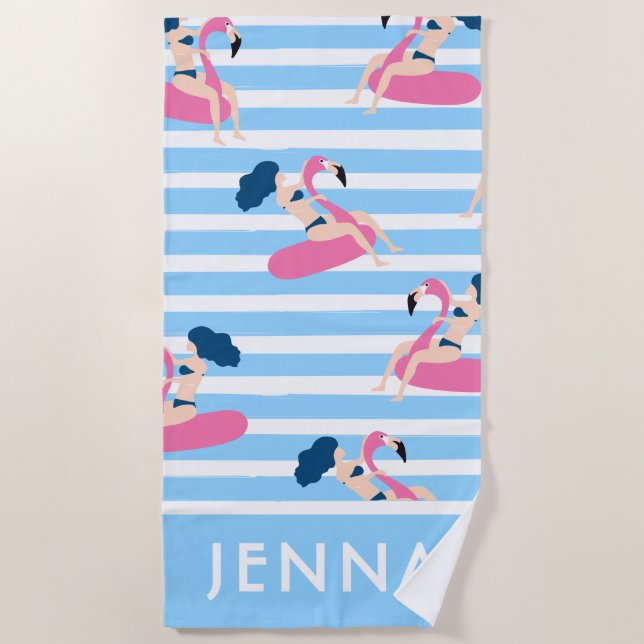 Add Your Name | Flamingo Swimming Pool Beach Towel (Front)