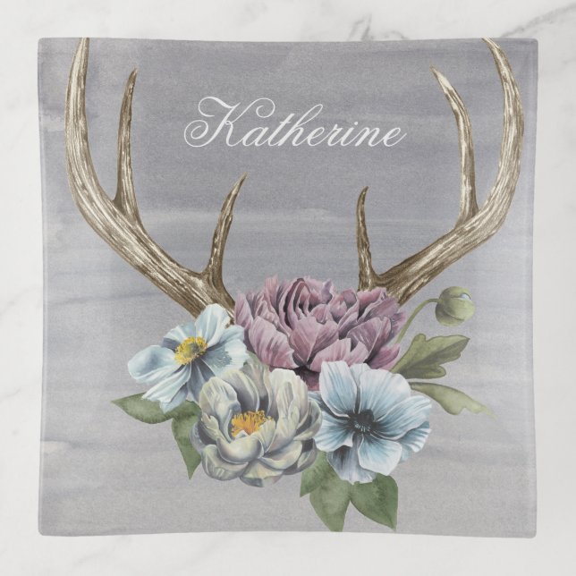 Add Your Name | Floral Deer Antlers Trinket Tray (Front)