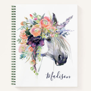 Add Your Name Floral Dressed Unicorn Notebook
