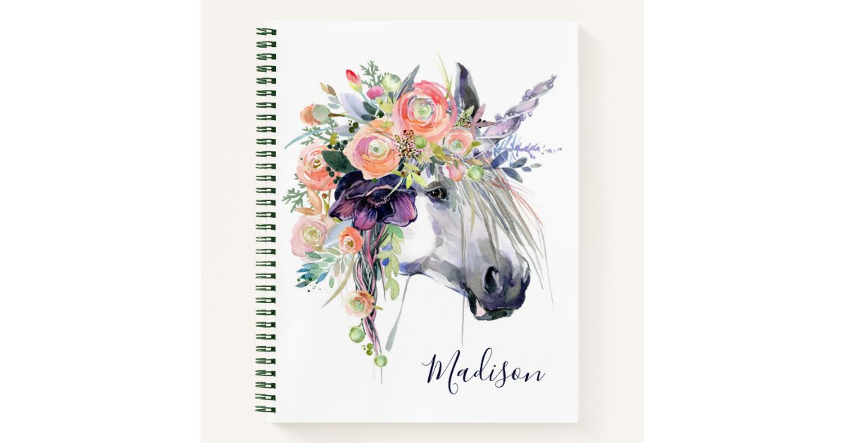 Add Your Name Floral Dressed Unicorn Notebook Zazzle Com
