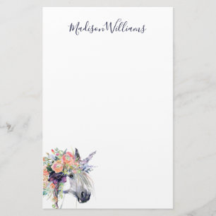 Add Your Name   Floral Dressed Unicorn Stationery