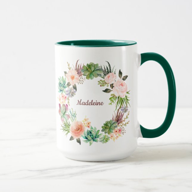 Add YOUR NAME Floral Succulent Wreath Mug (Right)