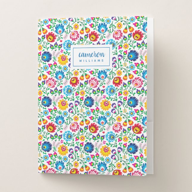 Add Your Name | Folk Art Flower Pattern Pocket Folder (Front)