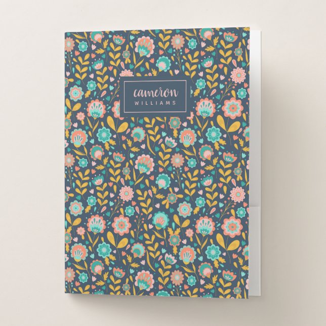 Add Your Name | Folk Art Flower Pattern Pocket Folder (Front)