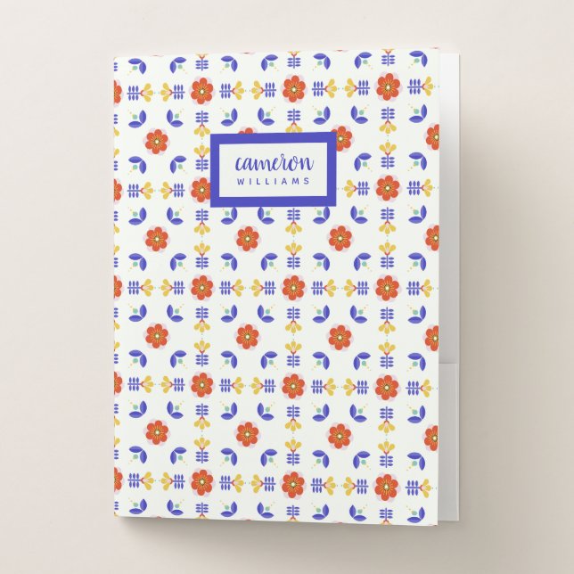 Add Your Name | Folk Art Neon Flower Geometric Pocket Folder (Front)