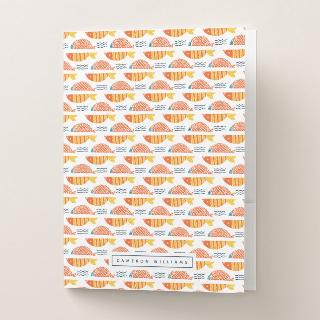 Add Your Name | Folk Art Swimming Fish Pattern Pocket Folder (Front)