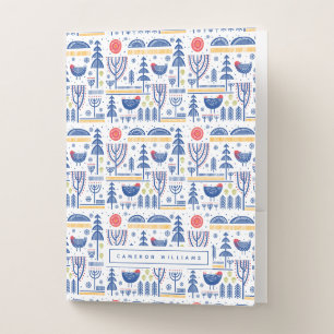 Add Your Name Folk Art Winter Bird Pattern Pocket Folder