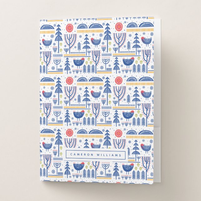 Add Your Name | Folk Art Winter Bird Pattern Pocket Folder (Front)