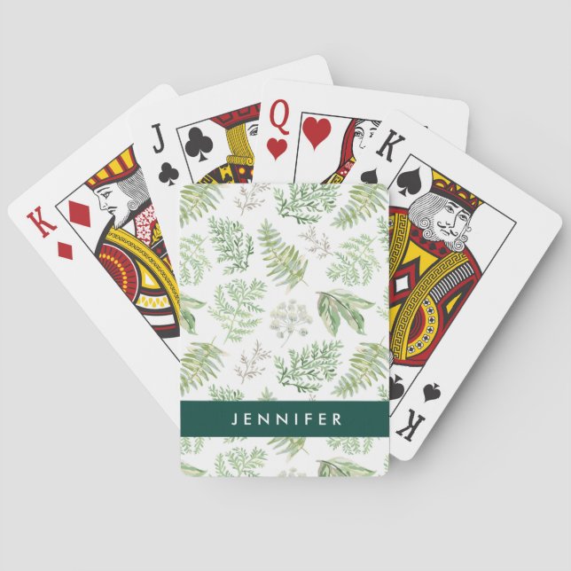 Add Your Name | Forest Greenery Pattern Poker Cards (Back)