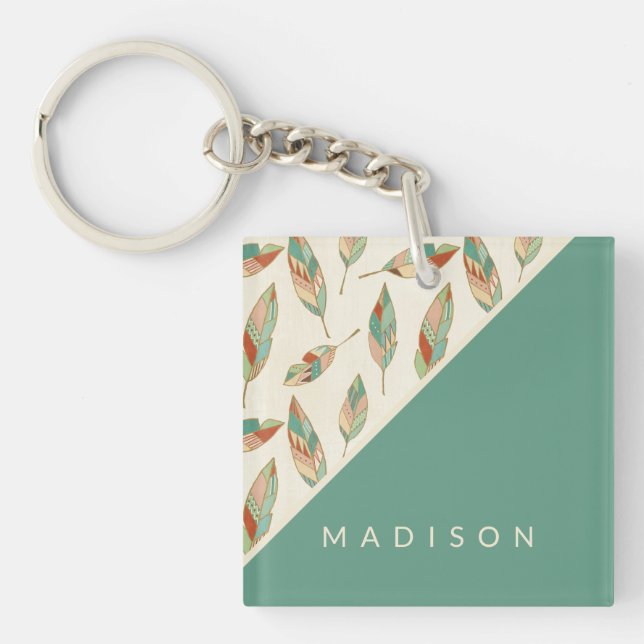 Add Your Name | Geometric Feather Pattern Keychain (Front)