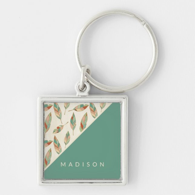 Add Your Name | Geometric Feather Pattern Keychain (Front)