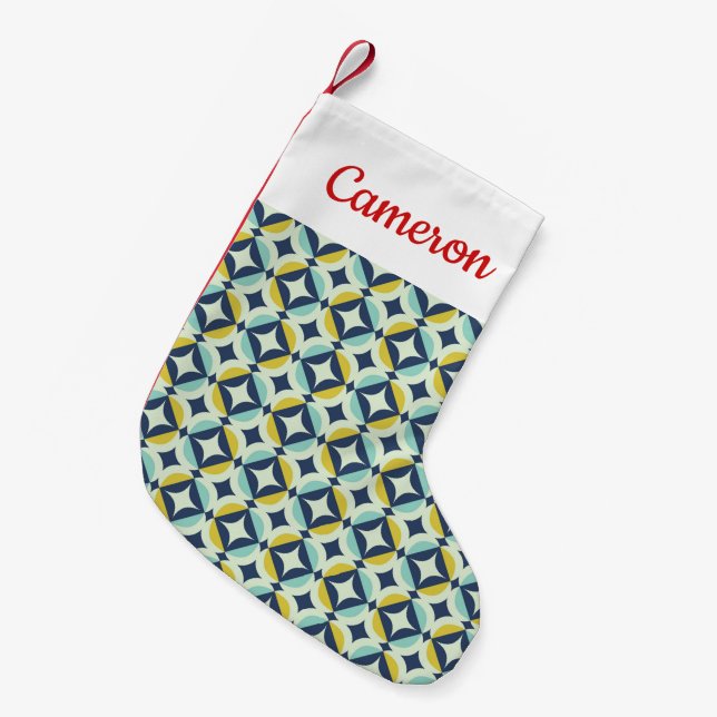 Add Your Name | Geometric Gold & Blue Pattern Small Christmas Stocking (Front (Hanging))