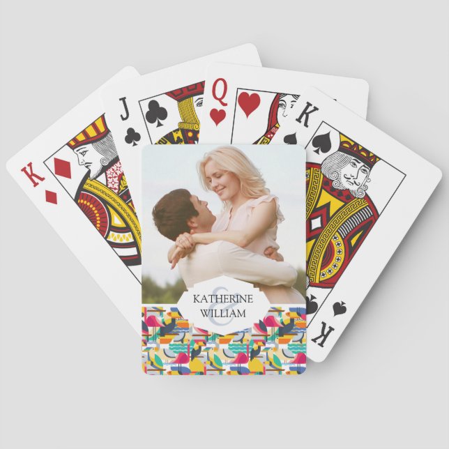 Add Your Name | Geometric Tropical Birds Poker Cards (Back)