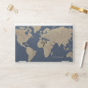Add Your Name   Gold and Blue World Map HP Laptop Skin