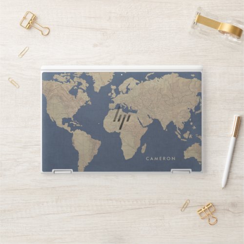 Add Your Name  Gold and Blue World Map HP Laptop Skin