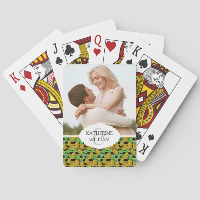 Add Your Name | Golden Pineapples On Stripes | Poker Cards (Back)