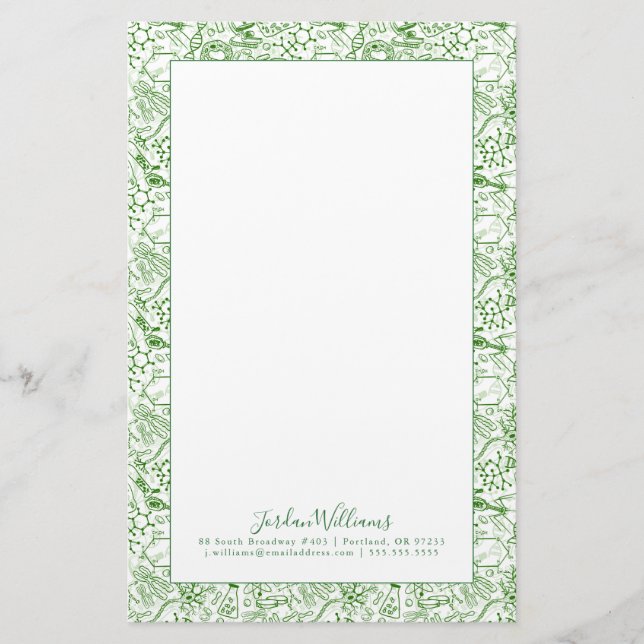 Add Your Name | Green Biology Pattern Stationery (Front)