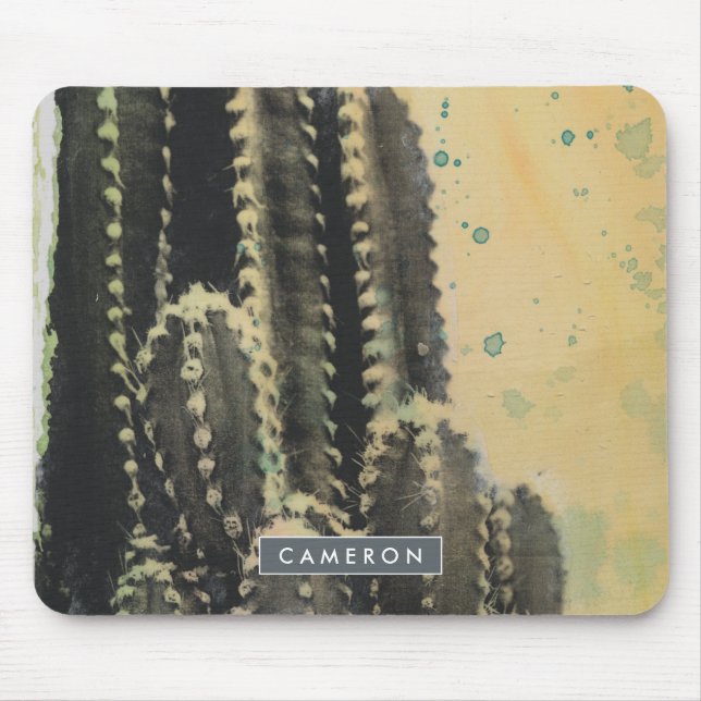 Add Your Name | Green Cactus on Yellow Background Mouse Pad (Front)