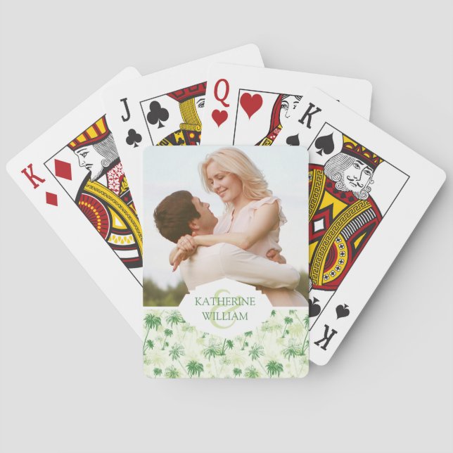 Add Your Name | Green Palm Tree Pattern Poker Cards (Back)