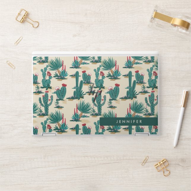 Add Your Name | Green & Red Cactus Pattern HP Laptop Skin (Desk)