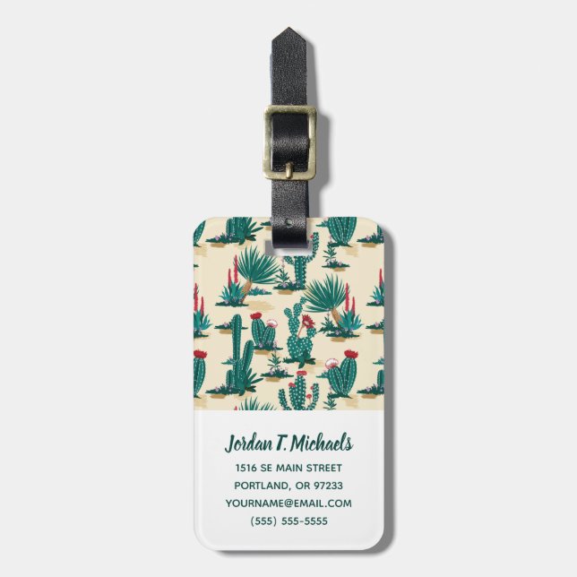 Add Your Name | Green & Red Cactus Pattern Luggage Tag (Front Vertical)