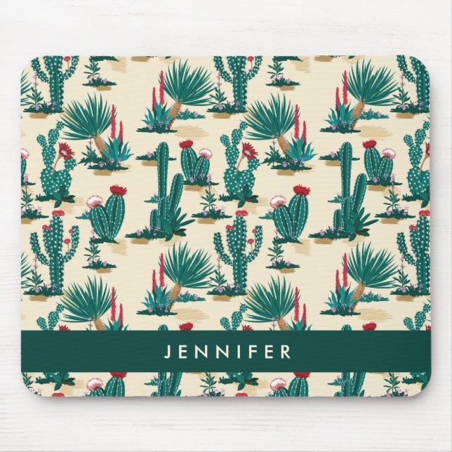 Add Your Name | Green & Red Cactus Pattern Mouse Pad (Front)