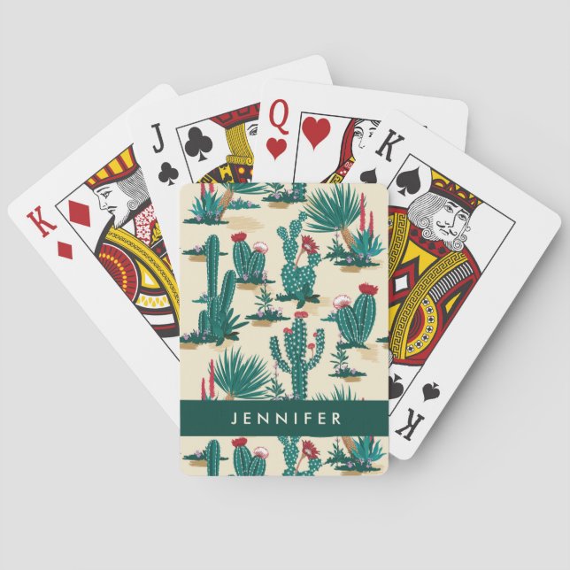 Add Your Name | Green & Red Cactus Pattern Poker Cards (Back)