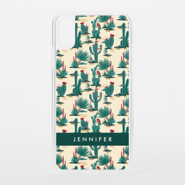 Add Your Name | Green & Red Cactus Pattern Uncommon iPhone Case (Back)