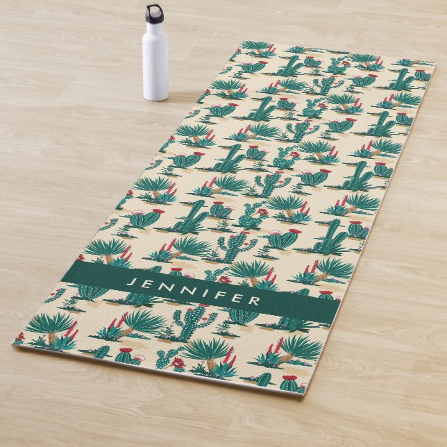 Add Your Name | Green & Red Cactus Pattern Yoga Mat (In Situ)