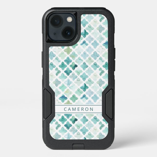 Add Your Name | Hand Painted Turquoise Pattern Otterbox iPhone Case (Back)