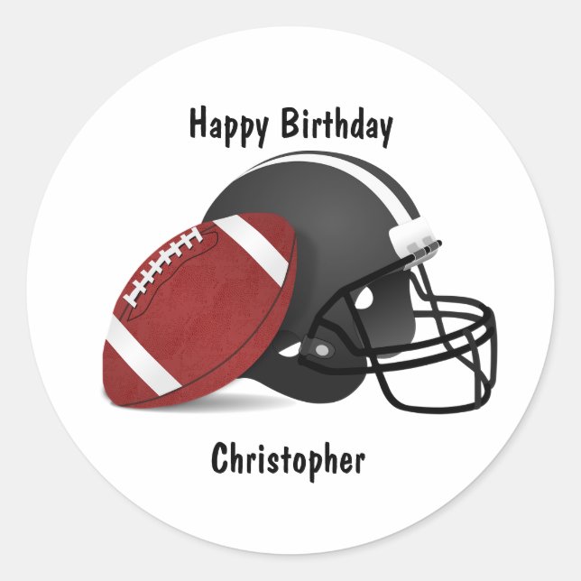 Add your name Happy Birthday Football Classic Round Sticker (Front)