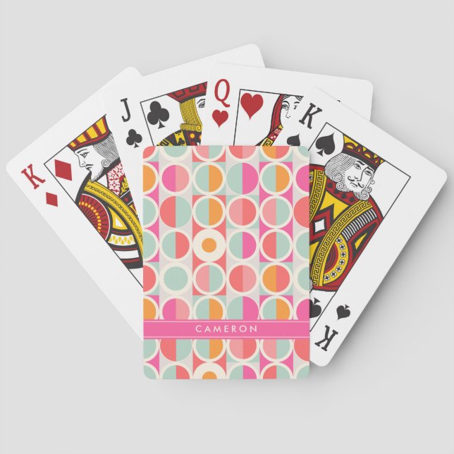 Add Your Name | Hot Pink Retro Circle Pattern Poker Cards (Back)