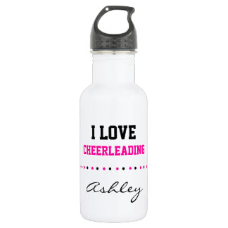 Add Your Name, I Love Cheerleading, Pink and Black Stainless Steel Water Bottle
