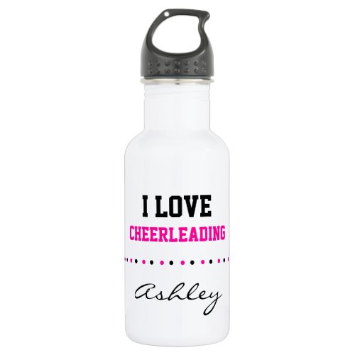 Add Your Name I Love Cheerleading Pink and Black Stainless Steel Water Bottle