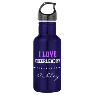 Add Your Name, I Love Cheerleading, Purple & White Stainless Steel Water Bottle