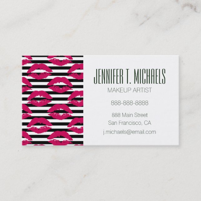 Add Your Name | Lipstick Kiss B&W Striped Pattern Business Card (Front)